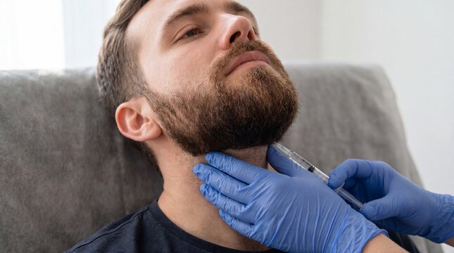 Close-up of a man receiving a facial injection by a medical professional wearing blue gloves in a clinical setting with a blurred background