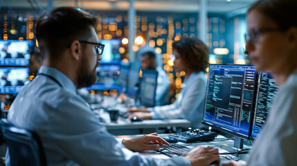 Fototapeta premium Futuristic control center with many displays showing technical data, analysts working at desks, server room visible through glass, monitoring center, IT operations, data analytics, cloud