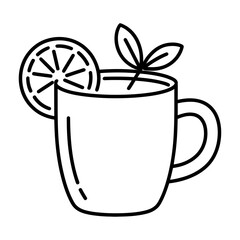 Clean vector line art icon of a hot tea cup with lemon slice and mint leaf for beverage © Rohi