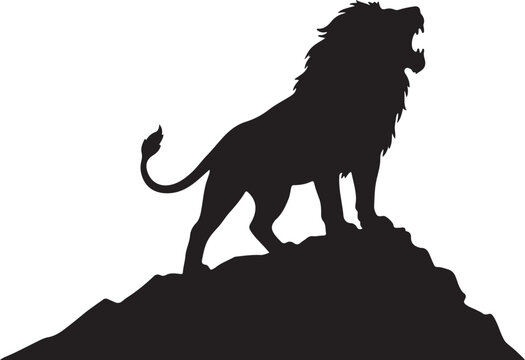 Striking silhouette of a roaring lion standing atop a rocky cliffside landscape with silhouette wildlife predator mountain strength