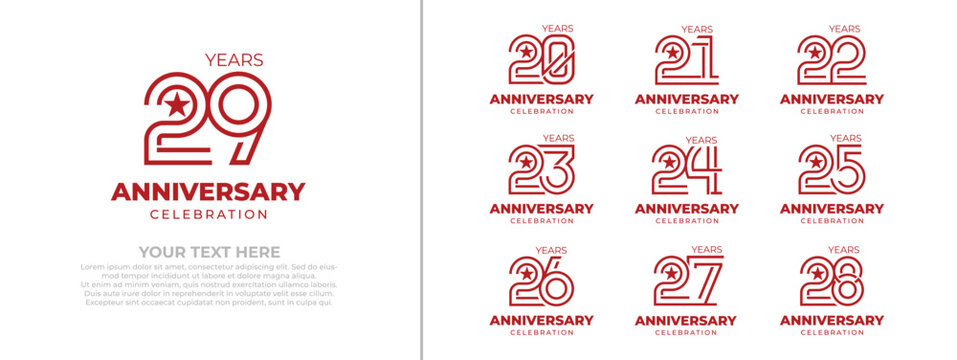 Premium Red Anniversary Emblem Set for Years 20 to 29. Minimalist Linear Vector Logos on White Background for Milestone Celebrations and Jubilees