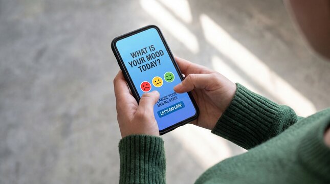 Person holding smartphone with mental health mood tracker on screen displaying emotions and asking what is your mood today