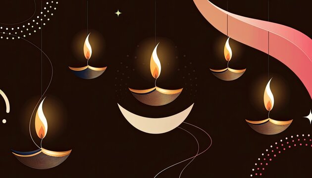Hanging diyas with lit wicks on dark background with pink accents lamp candle light