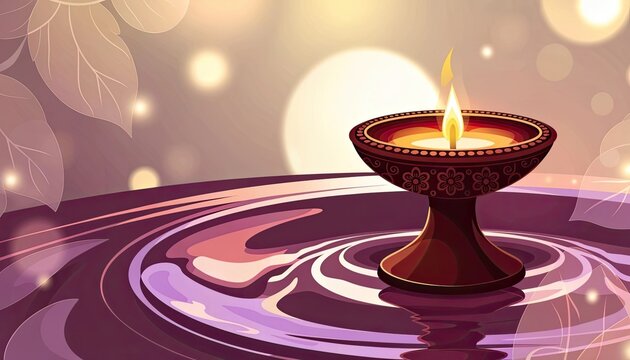 Diwali lamp with flame on water candle