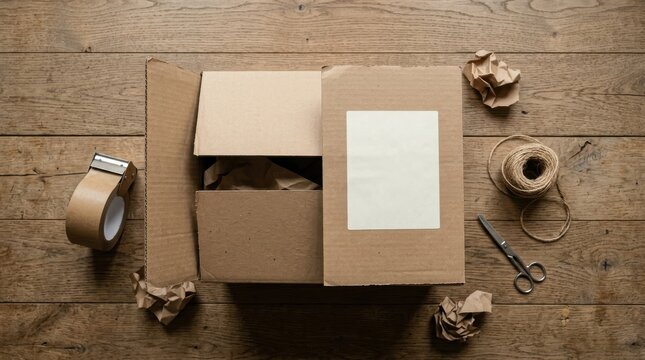 Open cardboard shipping box on a wooden table with packing materials