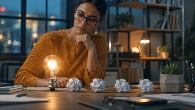 Creative woman developing innovative ideas with glowing light bulb, brainstorming process, problem solving, inspiration, startup innovation and business creativity concept