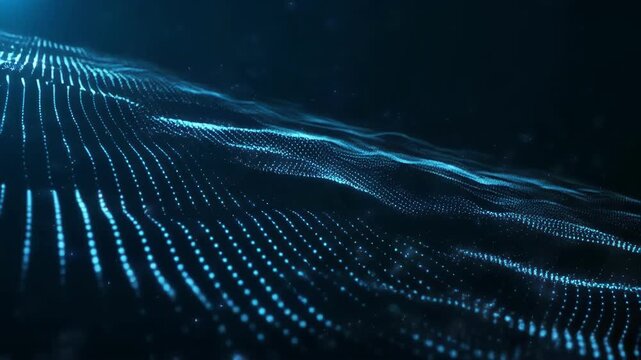 Abstract blue digital waves flowing smoothly across a dark futuristic landscape during a gentle camera sweep