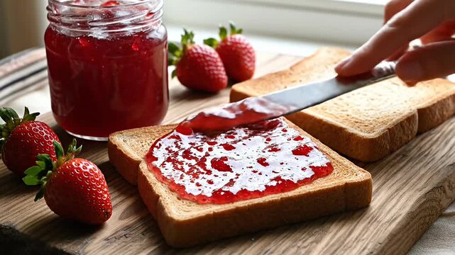 Person spreading strawberry jam on toast for breakfast.