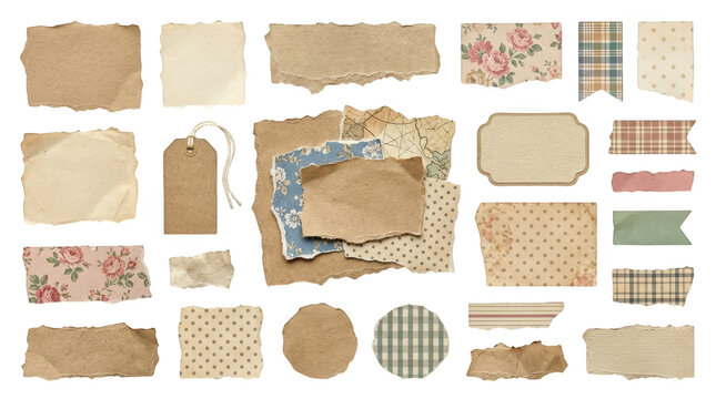 Collection of various torn paper scraps, vintage labels, and tags isolated on transparent background