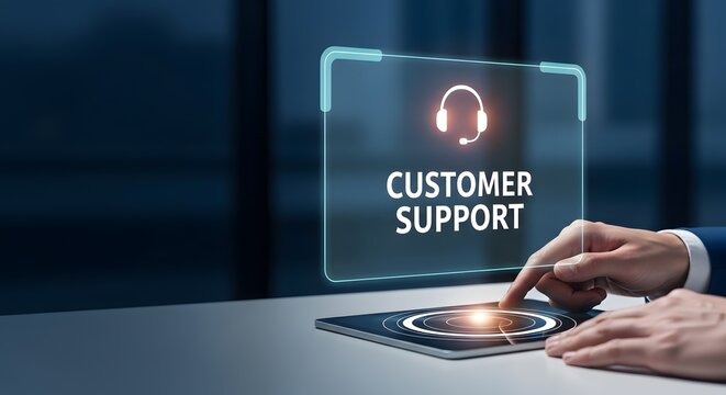 Man touching tablet with customer support holographic projection