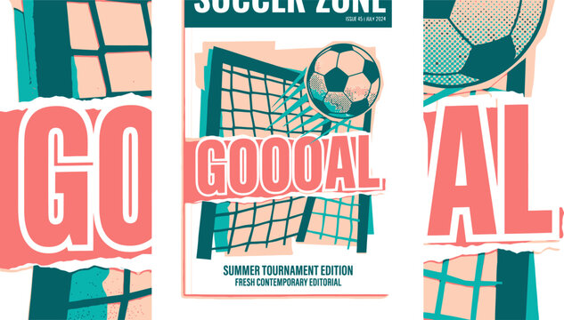 Vintage soccer tournament poster vector, retro football goal illustration with ball and net, summer sports event flyer design with halftone textures