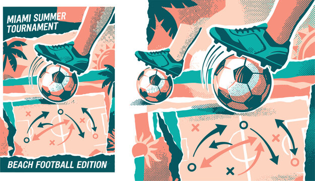 Retro beach football tournament poster vector, summer soccer event flyer with ball and tactics, vintage sports illustration with palm trees