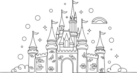 Fototapeta premium Magical fairytale castle continuous line art vector illustration with towers flags stars for coloring page design background