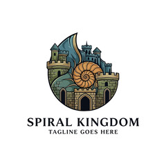 Naklejka premium Illustrative logo of a medieval castle integrated with a large nautilus spiral shell.