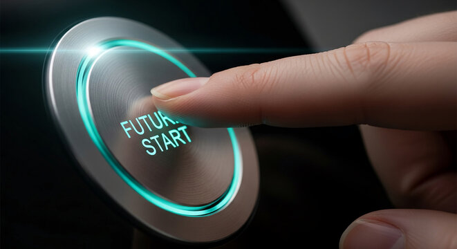 Finger pressing a metallic button with illuminated text "FUTURE START", symbolizing innovation, progress, and new beginnings in technology.
