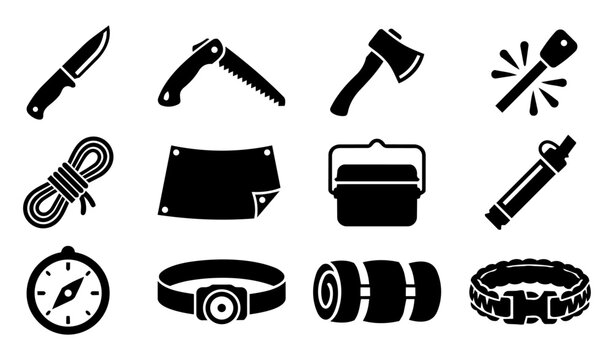 Bushcraft Tools and Survival Equipment Silhouette Icon Set