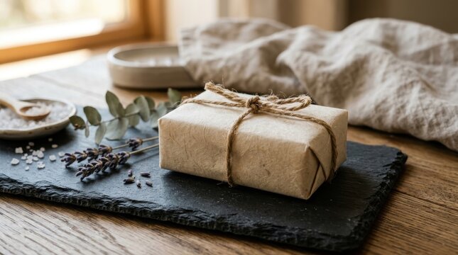 Natural soap bar wrapped in brown paper with lavender on slate tray
