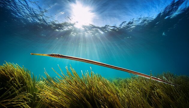Underwater Scene With A Pipefish Swimming Near Sea Grass And Sunlight