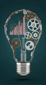 Intricate steampunk lightbulb filled with gears and a stock market graph, symbolizing innovation, mechanical process, and financial growth