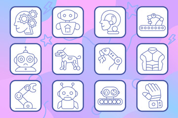 Fototapeta premium Robotics technology set icon. Artificial intelligence, robot, head, industrial arm, android, automation, dog robot, exoskeleton, wrench tool, production line, innovation, future tech
