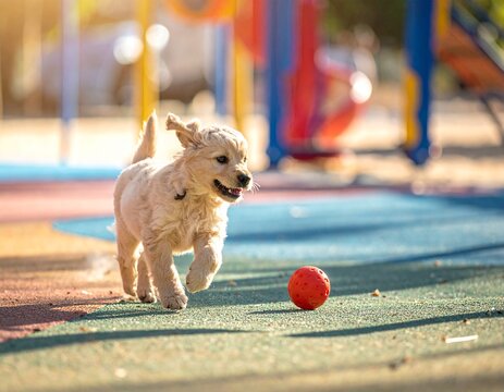a puppy fetching a ball in a playground
