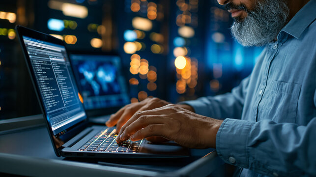 Engineer using a laptop on a rolling workstation in a server room, terminal windows and network maps visible, system administration, data center maintenance, server virtualization, network