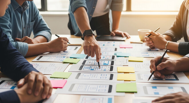 Team collaborates on user interface design, showcasing wireframes and mobile app layouts, symbolizing planning, creativity, and teamwork