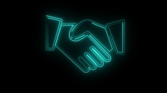 "Glowing neon artwork of a handshake representing corporate success, partnership agreement, professional networking, business opportunities, office collaboration, and positive client relations."