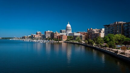 Fototapeta premium Panoramic city views of Madison, Wisconsin, USA with downtown skyline, Wisconsin State Capitol, Lake Mendota and Lake Monna shorelines, urban architecture, waterfront cityscape, aerial perspective, da