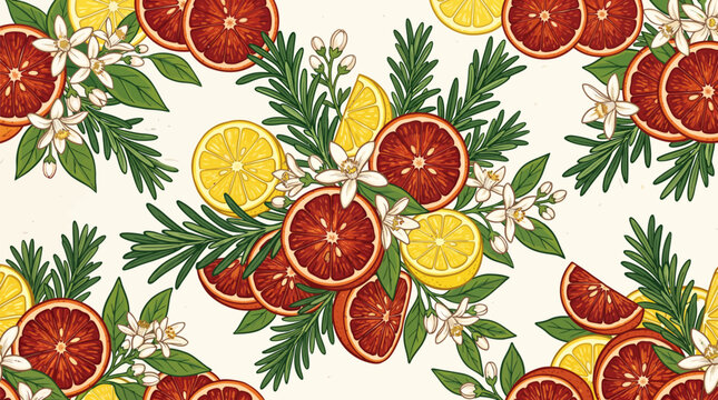 Citrus fruit pattern with blood oranges and lemon slices rosemary blooming