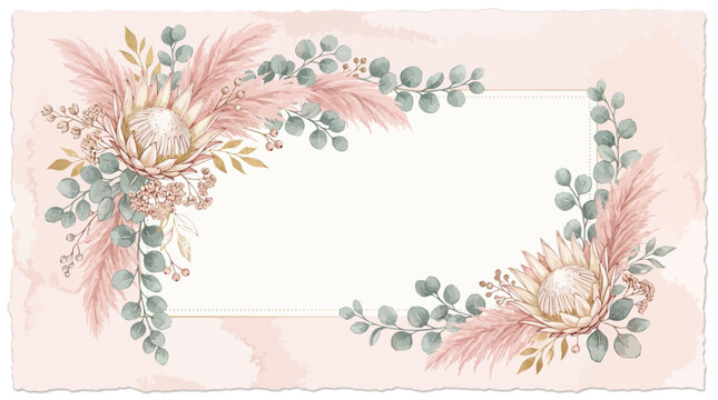 Wedding invitation frame with dried protea and eucalyptus leaves, floral arrange