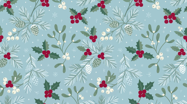 Winter christmas seamless pattern with pine cones and holly berries, christmas