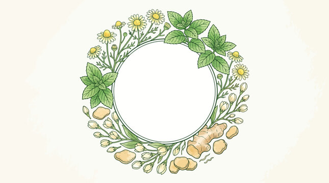 Hand drawn herbal frame wreath with chamomile mint and ginger, chamomile