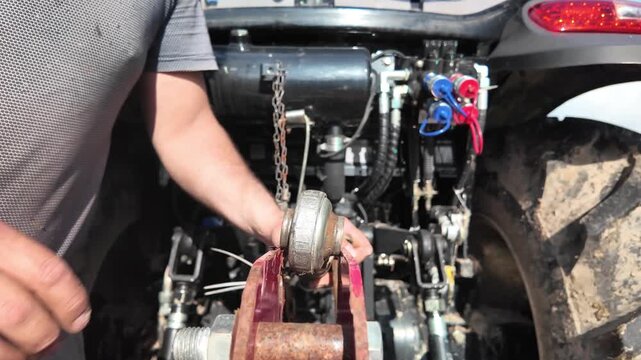Close-up shot from an alternative angle showing a male operator attempting to insert a ball jointed linkage end into a rear tractor attachment bracket. The pivoting joint between the hydraulic linkage