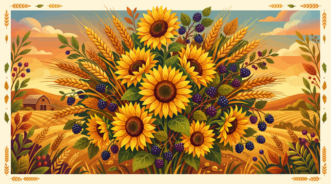 Autumn harvest composition with sunflowers and blackberries sunflower seasonal