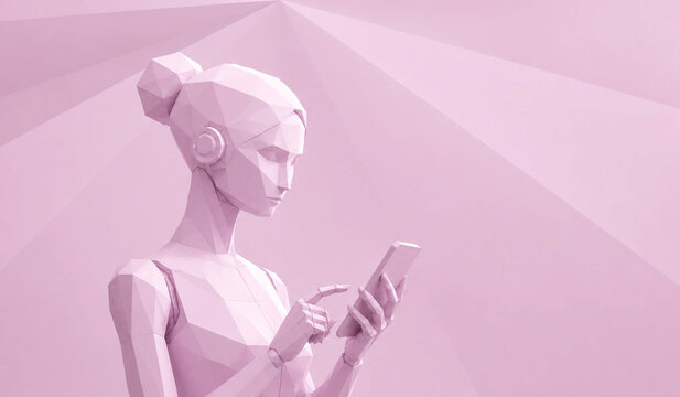 woman in pink dress, Female robot using smartphone in low poly style on pink background, artificial intelligence concept with humanoid cyborg looking at mobile phone, technology background