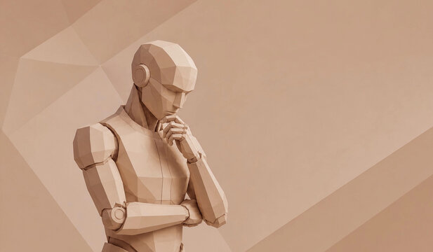 Thinking robot in low poly style pondering on beige background, artificial intelligence concept with humanoid cyborg looking down, 3d render of thoughtful android figure symbolizing deep learning,