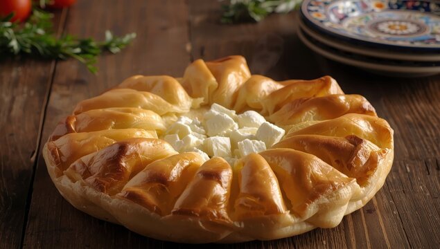 Homemade Greek feta pie with phyllo.