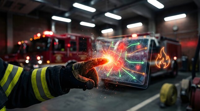 A firefighter wearing protective gloves interacts with a glowing holographic fire emergency map inside a station with red trucks in background.