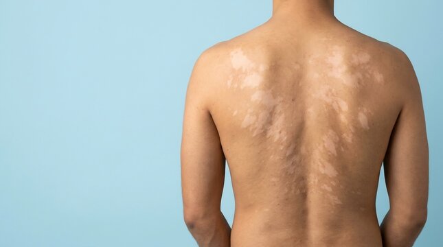 Close-up of a person's back with hypopigmented white skin patches against a light blue background