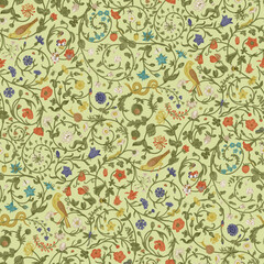 Flowers of the Meadow. Vintage seamless curls floral pattern. Flowers, birds, snakes. Inspired by Inspired by the Renaissance. Colorful. Green background © OlgaKorneeva