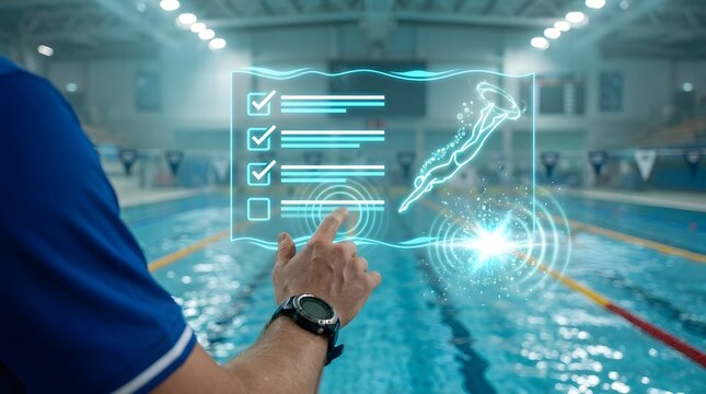 A swimming coach using a holographic interface to track aquatic training data and performance metrics at an indoor competition pool facility.