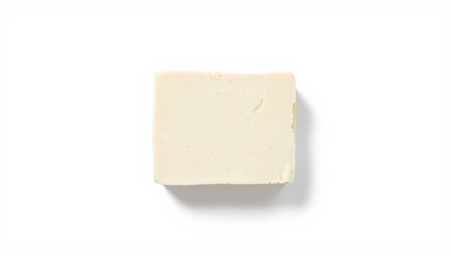 Isolated tofu cheese on white background, top view with space for text.