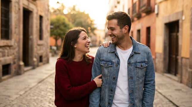 A happy couple walking down a European cobblestone street at sunset, sharing a moment of joy and connection