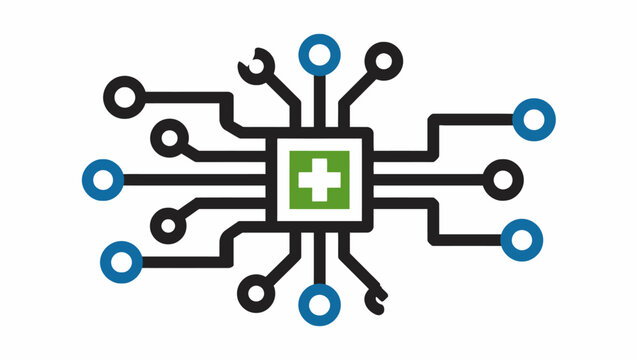 Green circuit microchip logo for medical biotechnology innovation.