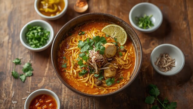 Khao Soi, Chicken Curry Noodles, Northern Thai cuisine on wooden floor.