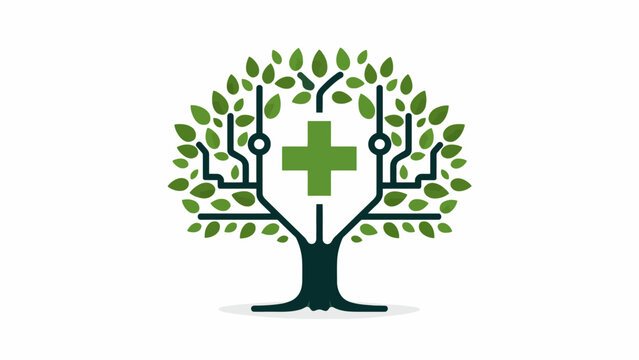 Green tree logo with circuit branches and medical cross.