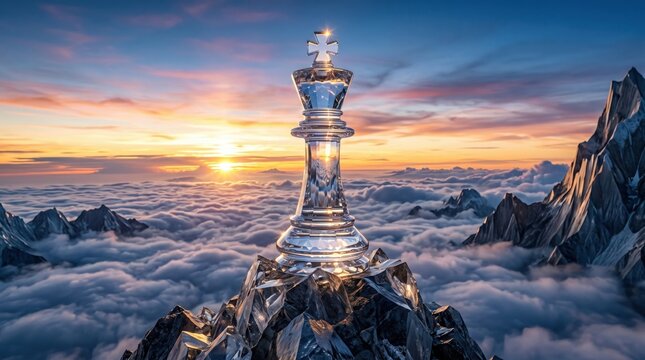 The ultimate victory, a crystal chess king atop a snowy mountain peak