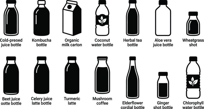 Collection of 15 minimalist bottles and cartons for juices, teas, and health drinks juice bottle cold-pressed juice