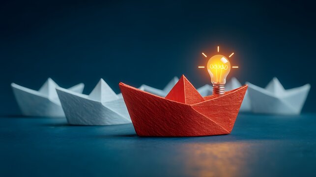 Red paper boat carrying glowing light bulb standing out among white paper ships representing unique leadership vision and innovative thinking in competitive business market